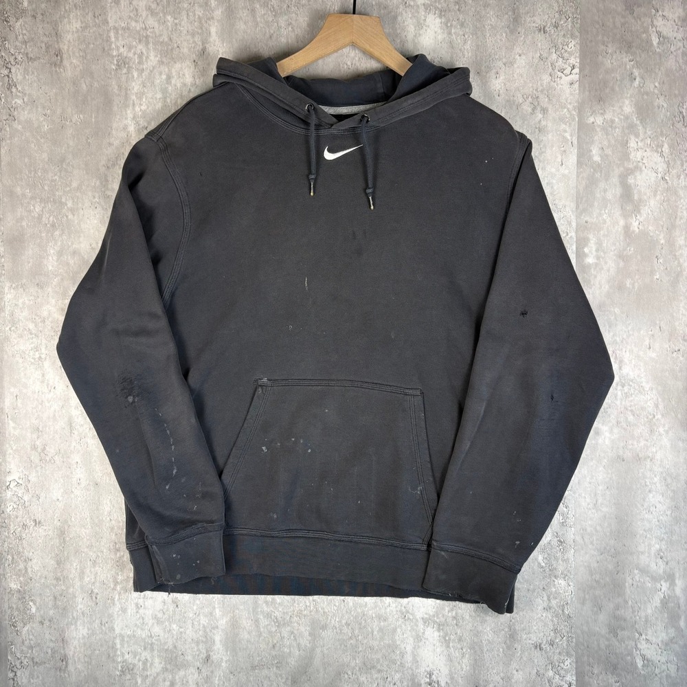 Nike Center Swoosh Hoodie Mens Large Black Distressed Thrashed Paint Splatter